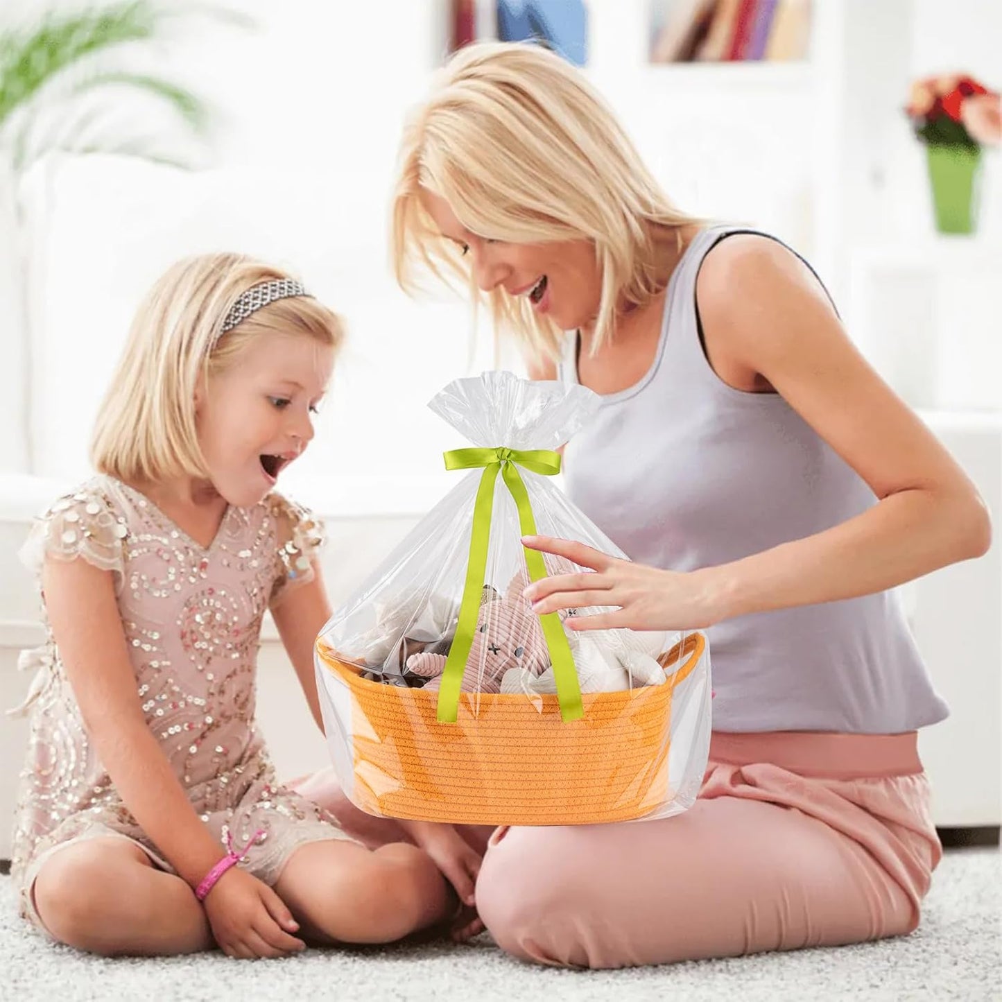 OIAHOMY Woven Basket, Gift Basket Empty with Gift Bags and Ribbons, Rope Baskets for Baby Showers, Storage Baskets with Handles for Nursery, Pet Toy Organizer - White