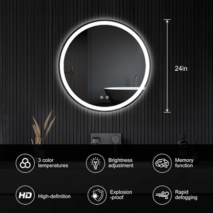 Sweetcrispy 24 Inch Round Wall Mirror with Tempered Glass, Bathroom Mirror Over Sink, Anti-Fog & Waterproof Round Mirror for Bathroom, Entryway, Bedroom, Shatterproof Design, Black