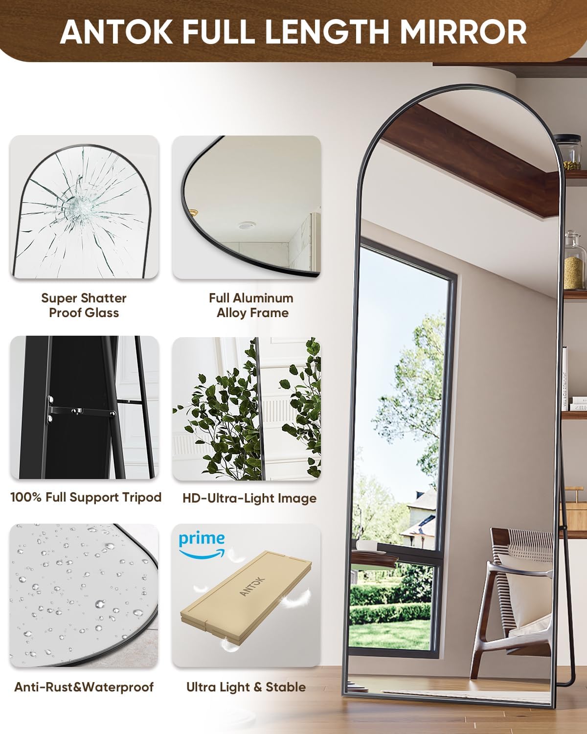 Antok 71" x28” Arched Full Length Floor Mirror, Black Aluminum Frame, Free Standing/Wall Mount/Leaning for Bedroom, Living Room, Dressing Room