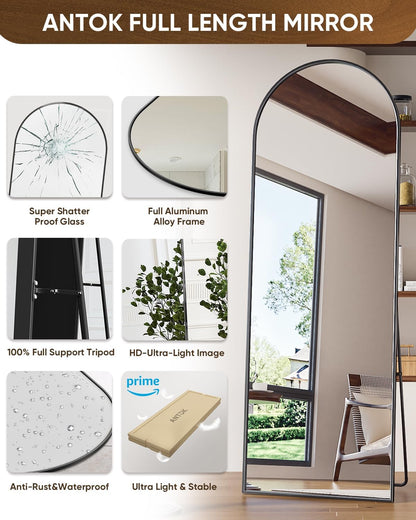 Antok 71" x28” Arched Full Length Floor Mirror, Black Aluminum Frame, Free Standing/Wall Mount/Leaning for Bedroom, Living Room, Dressing Room