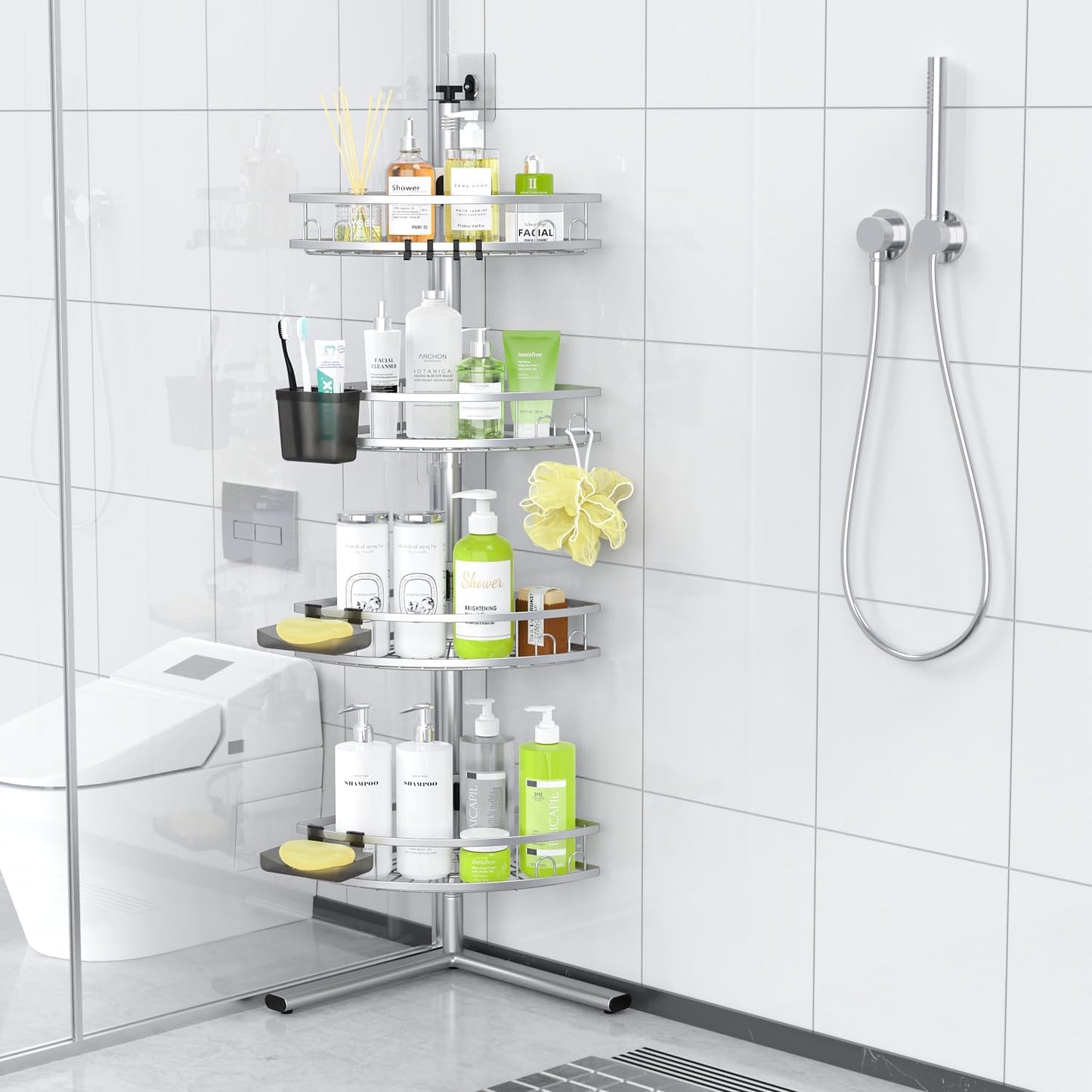 Aitatty Corner Shower Caddy Standing: 4-tier Rustproof Shower Organizer Shelf - Floor Shower Corner Shelf Rack Stand for Bathroom Black