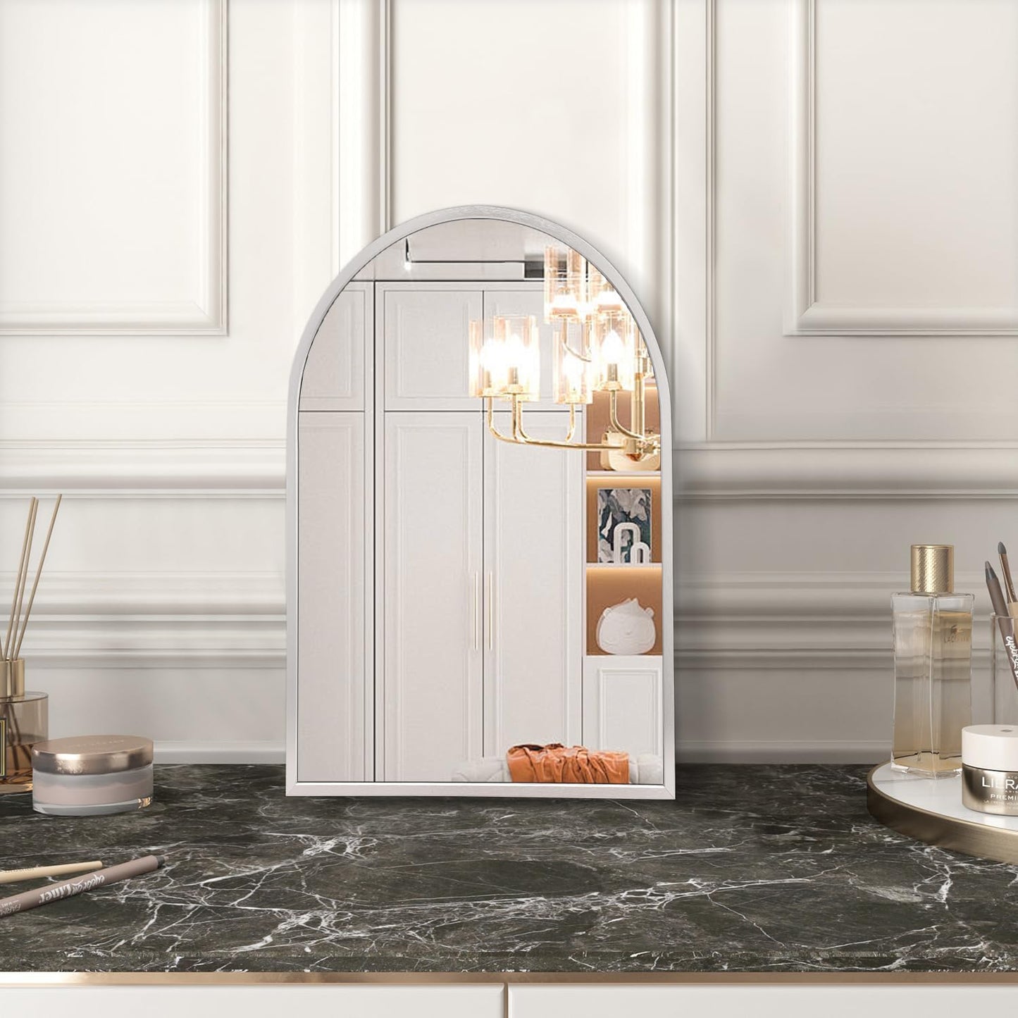 Black Arched Wall Mirror Aluminum Alloy Frame Bathroom Mirror Brushed Metal Vanity Wall Mounted Mirror for LivingRoom Bedroom Entryway Room Home Decor 16"x12"