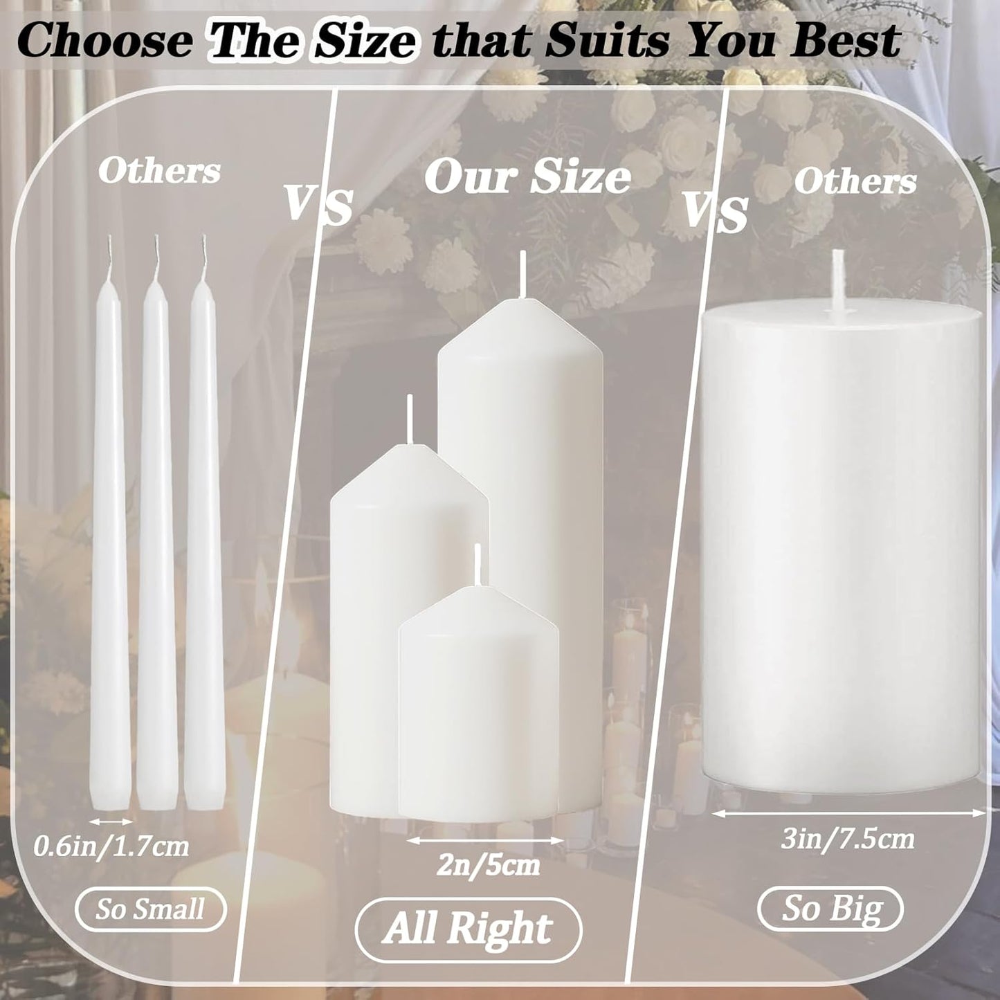 18 Pcs White Pillar Candles Bulk Set，Hurricane Candles，3 Different Lengths 2 x 3/4/6 Inch (6 Each)，Dripless Unscented Smokeless，Gives You a Better Atmosphere When Organizing an Event Party.
