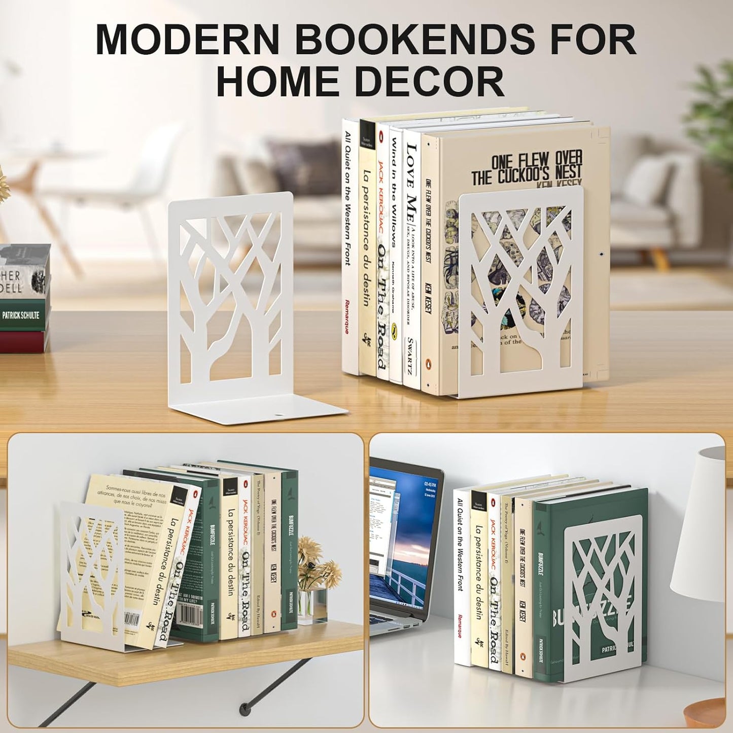 Bookends 4 Pieces, Tree Design Modern Metal Bookends for Shelves, Black Tree Book Ends Decorative Book Organizer for Desk, Decorative Shelve Book Stopper for Home Office