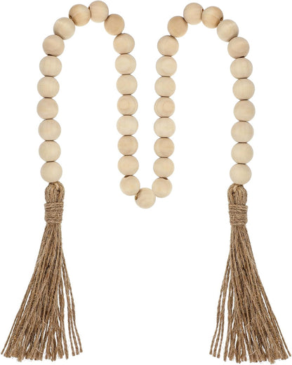 34in Farmhouse Wood Beads Garland with Tassels, Decorative Bead Home Decor Wooden Beads Garland Country Room Hanging for Wood Entryway Table, Shelf, Tray, Curtain Decor (Beige)