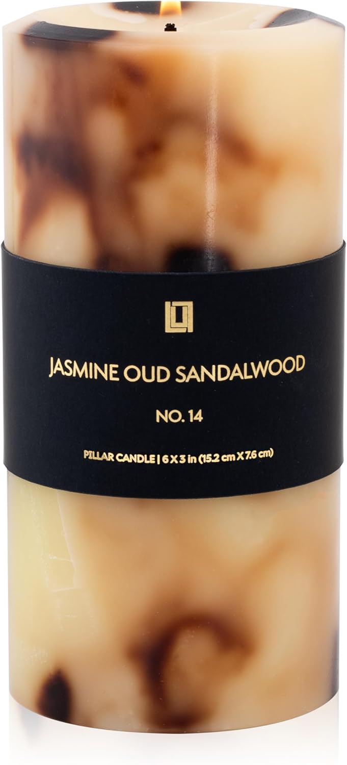 Lulu Candles - Jasmine, Oud & Sandalwood (3x6 Pillar Candle) - Highly Scented Premium Candles in Gifable Box for Home and Office - 100% Cotton Wick - Slow Burning & Long Lasting