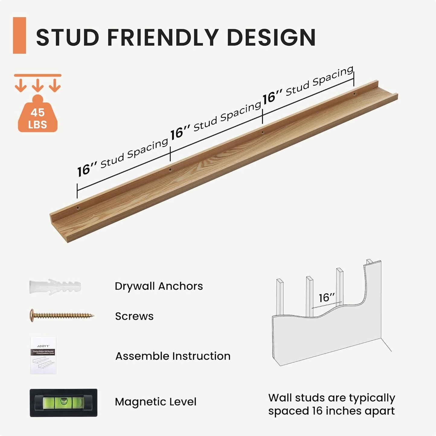 FLYJOE Picture Ledge Shelf, Floating Shelves Set of 2, Solid Pine Wood 55'' Long Large Nursery Book Shelves for Toys Storage, Kids Bookshelf for Living Room Bedroom Decor Books Photo Frames, Walnut