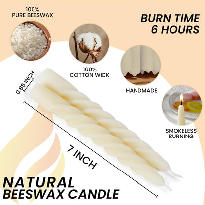 2PCS 7-Inch Pure Beeswax Spiral Taper Candles, Twisted Stick Candles, Dripless & Unscented for Weddings, Christmas, Dinner, Meditation - White