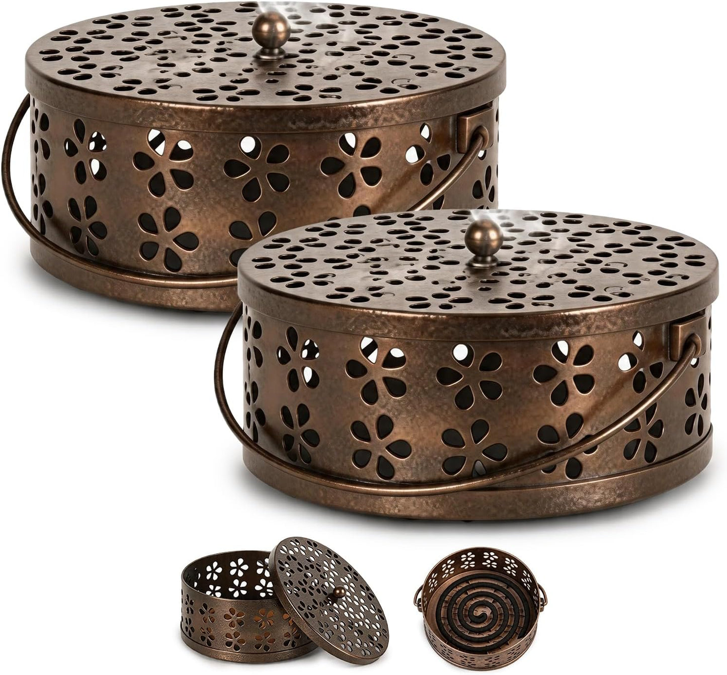2-Pack Retro Bronze Mosquito Coil Holder, Outdoor Citronella Incense Sticks Burner, Metal Incense Holder with Handle