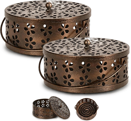 2-Pack Retro Bronze Mosquito Coil Holder, Outdoor Citronella Incense Sticks Burner, Metal Incense Holder with Handle