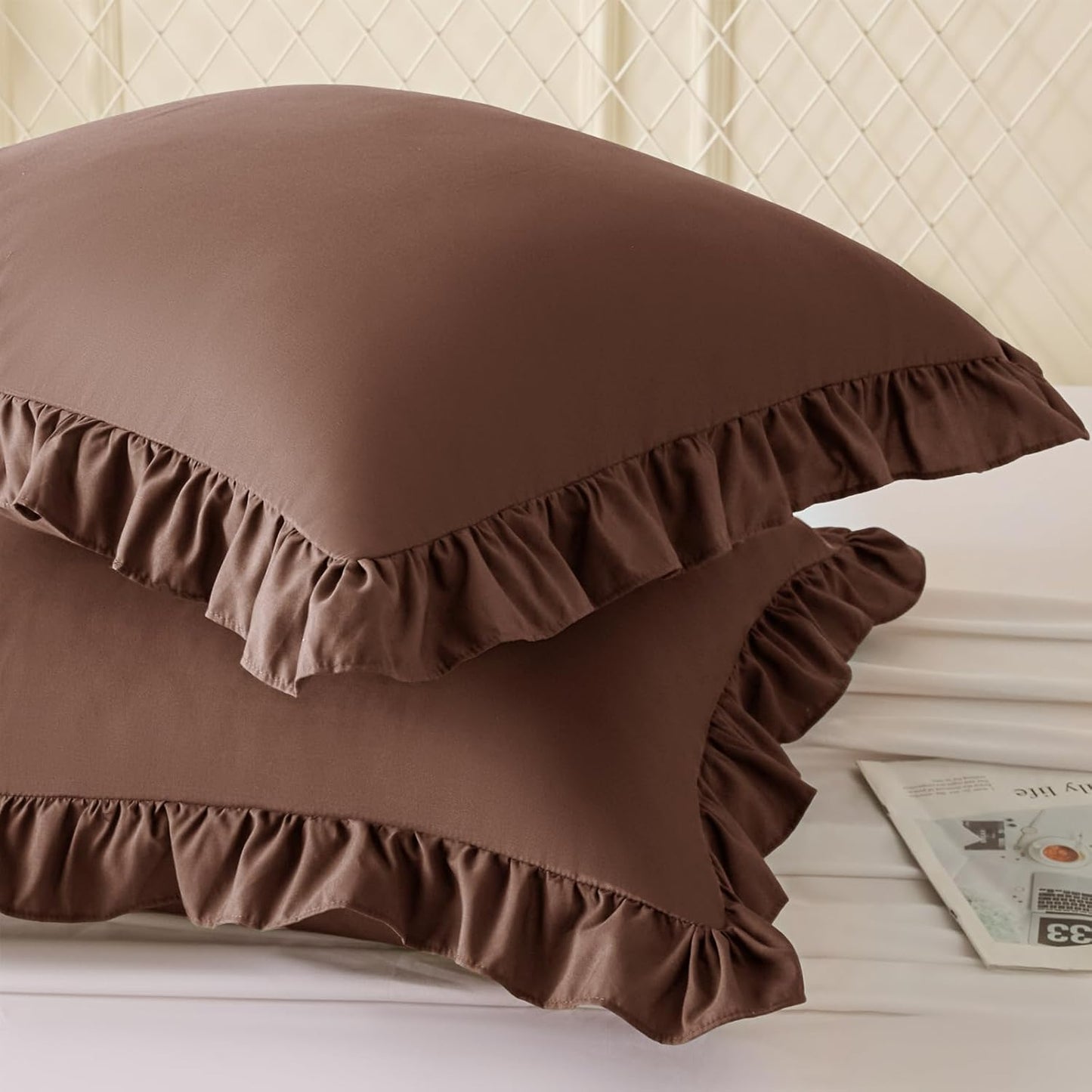 KKJIAF Ruffle Pillow Cases 26x26 Inches, White Square Ruffled Pillow Covers Set of 2, Microfiber Wrinkle Resistant Pillow Shams with Envelope Closure for Sofa Bed Living Room