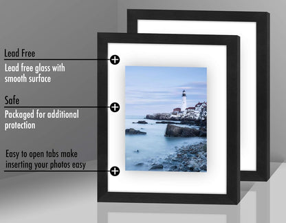 Americanflat 8.5x11 Floating Picture Frame with Polished Crystal-Clear Glass - Set of 2 - Use as 5x7 Frame or Display 4x6 Photo - Signature Float Collection - Photo Frames for Wall Display - Black