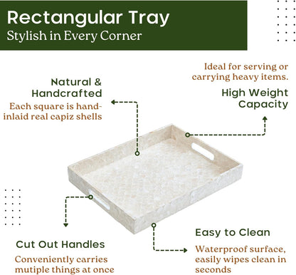 CHI AN HOME Capiz Decorative Tray 15.8” x 11.8” x 1.8" Rectangular Tray, Natural Handmade Serving Tray with Handles for Coffee Tables, Ottoman, Vanity, Kitchen, Coastal Boho Home Decor, White