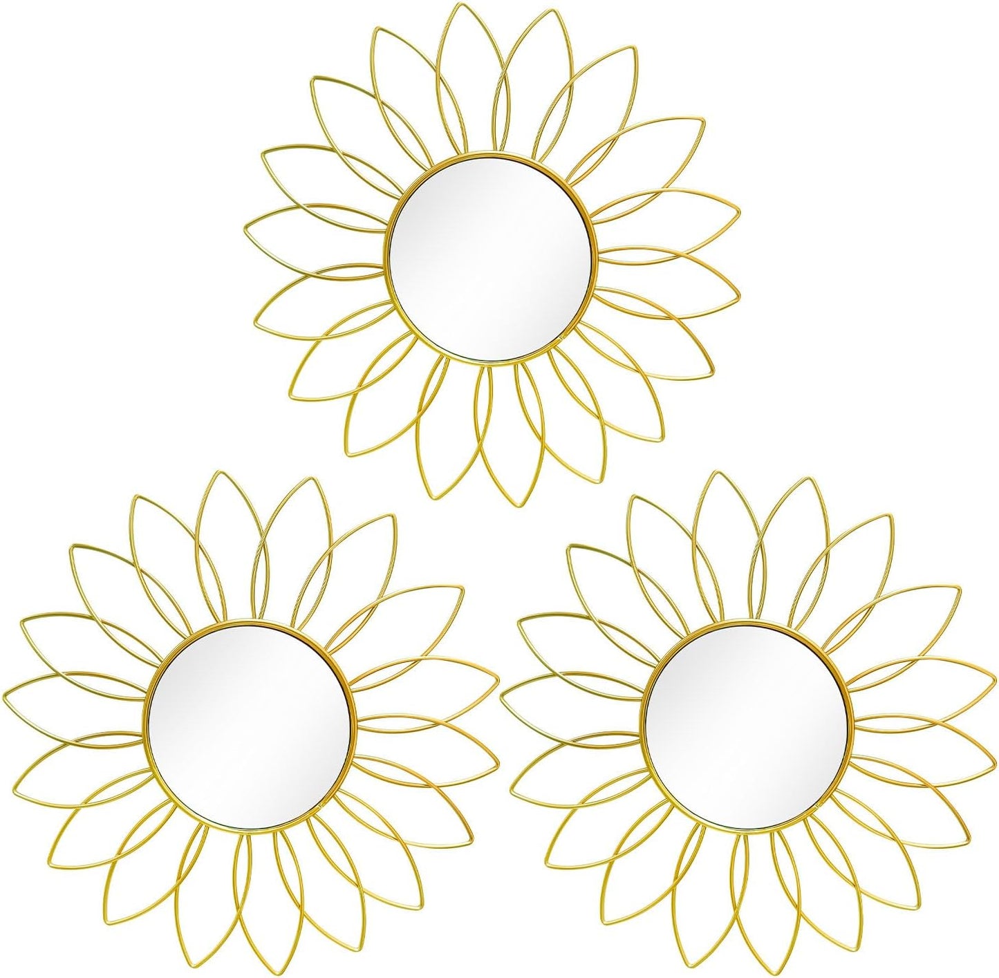 3 Pack Metal Mirrors for Wall Sunburst Wall Mirrors Home Décor Decorative Hanging Wall Art for Living Room Bedroom Entryway (Gold, Flower+Sunburst)