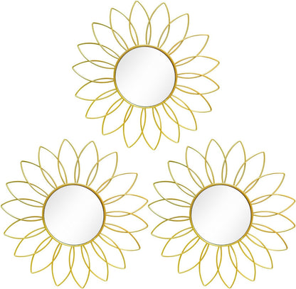 3 Pack Metal Mirrors for Wall Sunburst Wall Mirrors Home Décor Decorative Hanging Wall Art for Living Room Bedroom Entryway (Gold, Flower+Sunburst)