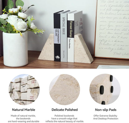 Karibiber Travertine Bookends for Heavy Books, Marble Decorative Bookends for Shelves, Heavy-Duty Stone Book Ends for Hardback Book & Cookbooks, Unique Book Stopper & Holder, Travertino Italy
