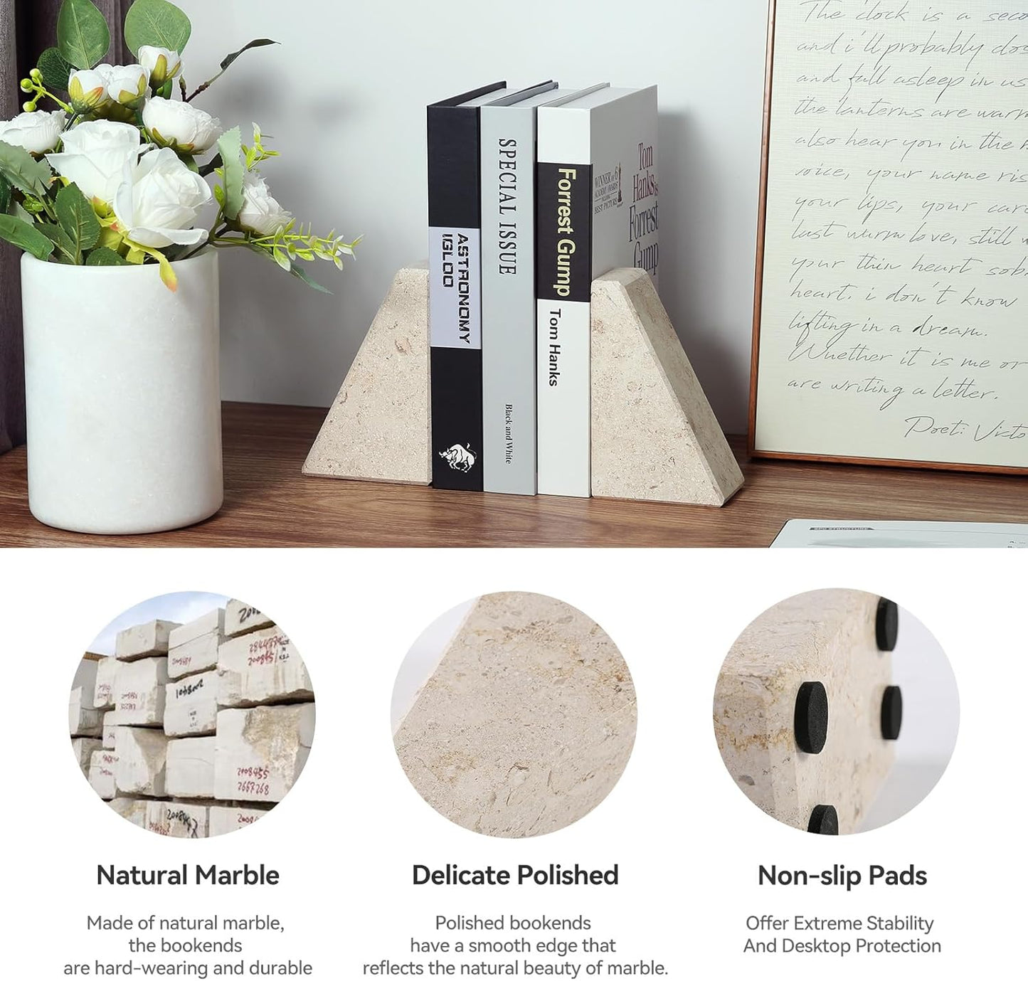 Karibiber Travertine Bookends for Heavy Books, Marble Decorative Bookends for Shelves, Heavy-Duty Stone Book Ends for Hardback Book & Cookbooks, Unique Book Stopper & Holder, Travertino Italy