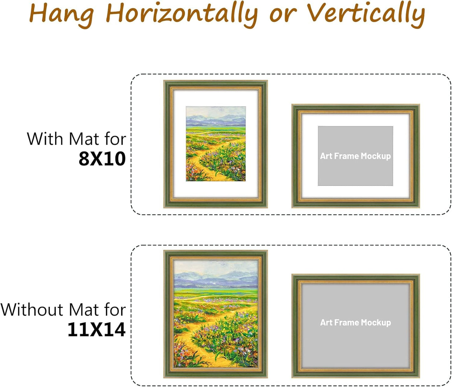 Golden State Art,11x14 Ornate Picture Frame for 8x10 Photo with Mat or 11 x 14 Prints without Mat,Real Glass Wall Display(Color:Green Gold)
