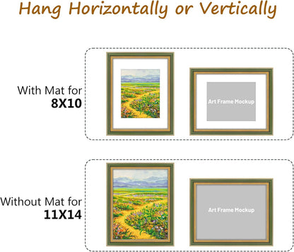 Golden State Art,11x14 Ornate Picture Frame for 8x10 Photo with Mat or 11 x 14 Prints without Mat,Real Glass Wall Display(Color:Green Gold)