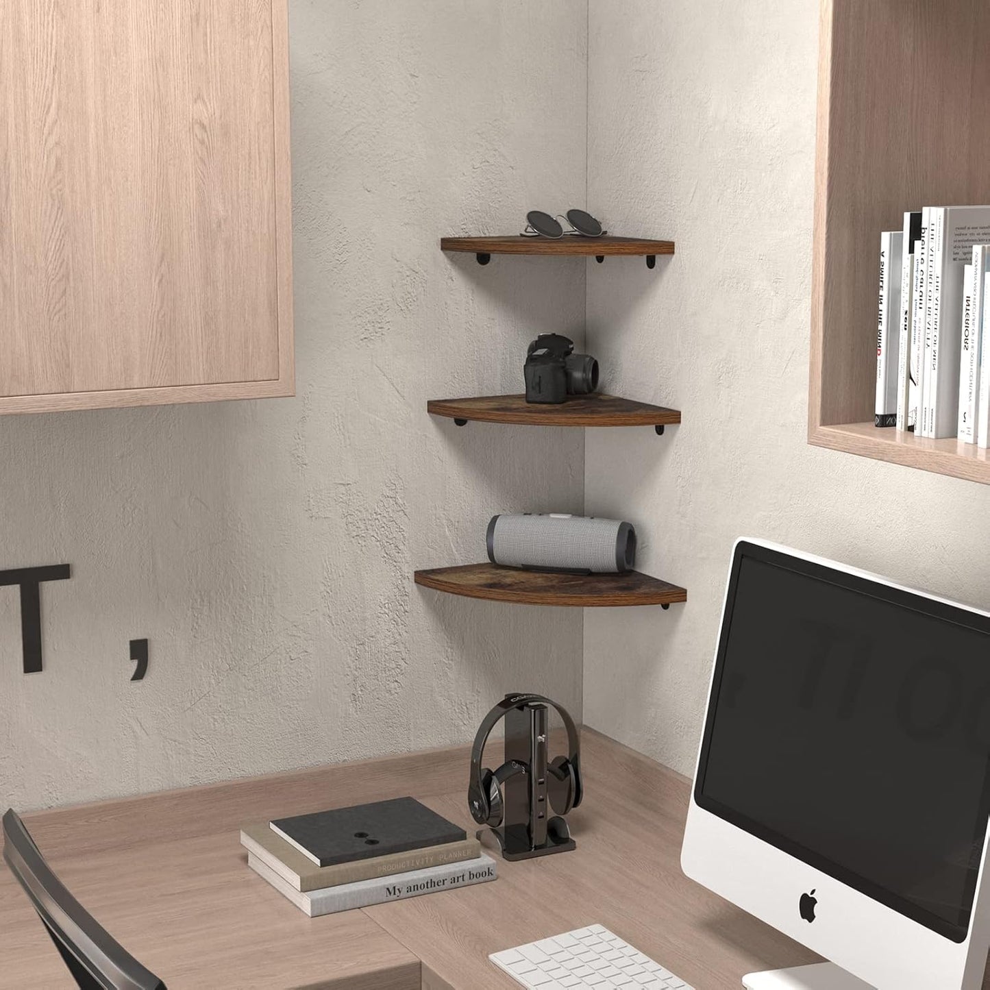 HORLIMER Floating Corner Shelf Wall Mount, 3 Pack Rustic Wood Corner Wall Shelves with Fence for Bedroom, Bathroom, Kitchen, Living Room, Brown