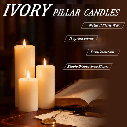 18 Pcs Ivory Pillar Candles Bulk Set，3 Different Lengths 2 x 3/4/6 Inch (6 Each)，Hurricane Candles，Dripless Unscented Smokeless，Gives You a Better Atmosphere When Organizing an Event Party.