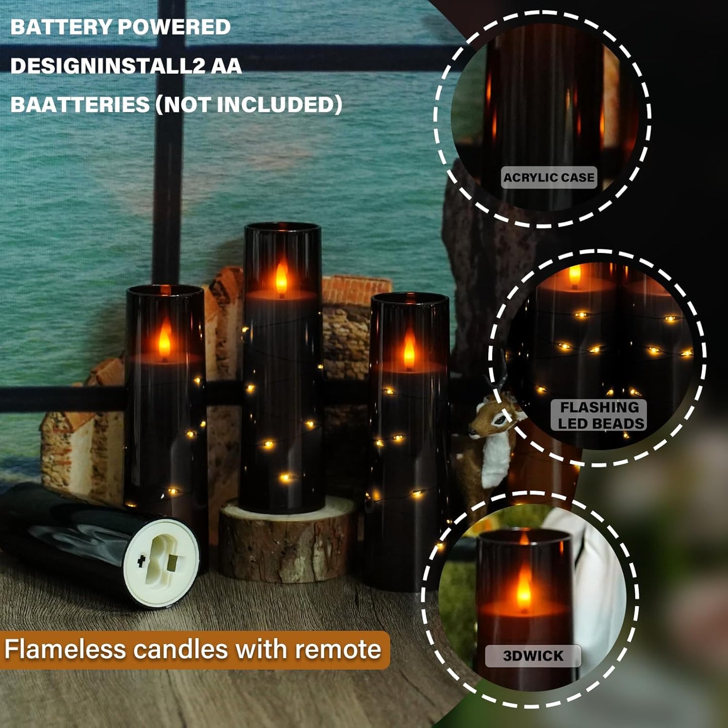 Nimiko Flickering Flameless LED Candles, 9 Pcs with Embedded Star String, Acrylic LED Pillar Candles with Remote, Suitable for Home Decoration (White)