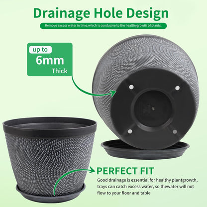 Quarut 10 Inch Flower Pots Planters for Outdoor Indoor, 3 Pack Plastic Plant Pots with Drainage Hole & Tray, Modern Decorative Garden Pot with Saucer, planters for House (Gray)