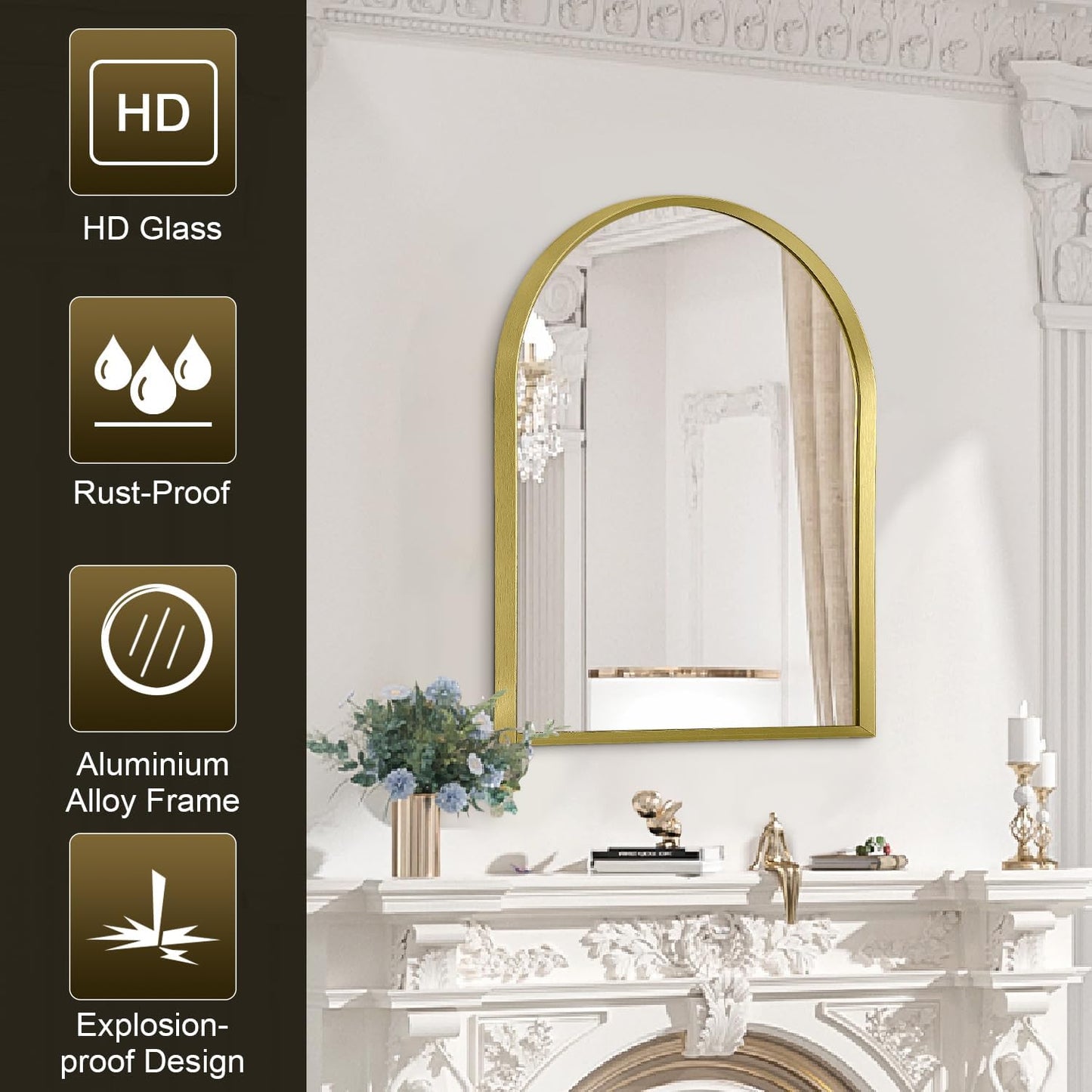 Black Arched Mirror, Modern Bathroom Wall Mirror Aluminum Alloy Framed Mirror Brushed Metal Vanity Wall Mounted Mirror for Livingroom Bedroom Entryway Room 16"x12"