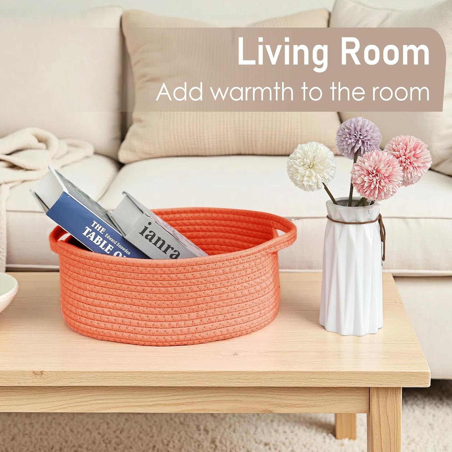 JMvicyroam Woven Basket,Small Rope Storage Bin with Handles & Ribbon Bag, Organizer for Shelves Closets,Gift Basket Empty for Birthday,Books,Dog Toys,White
