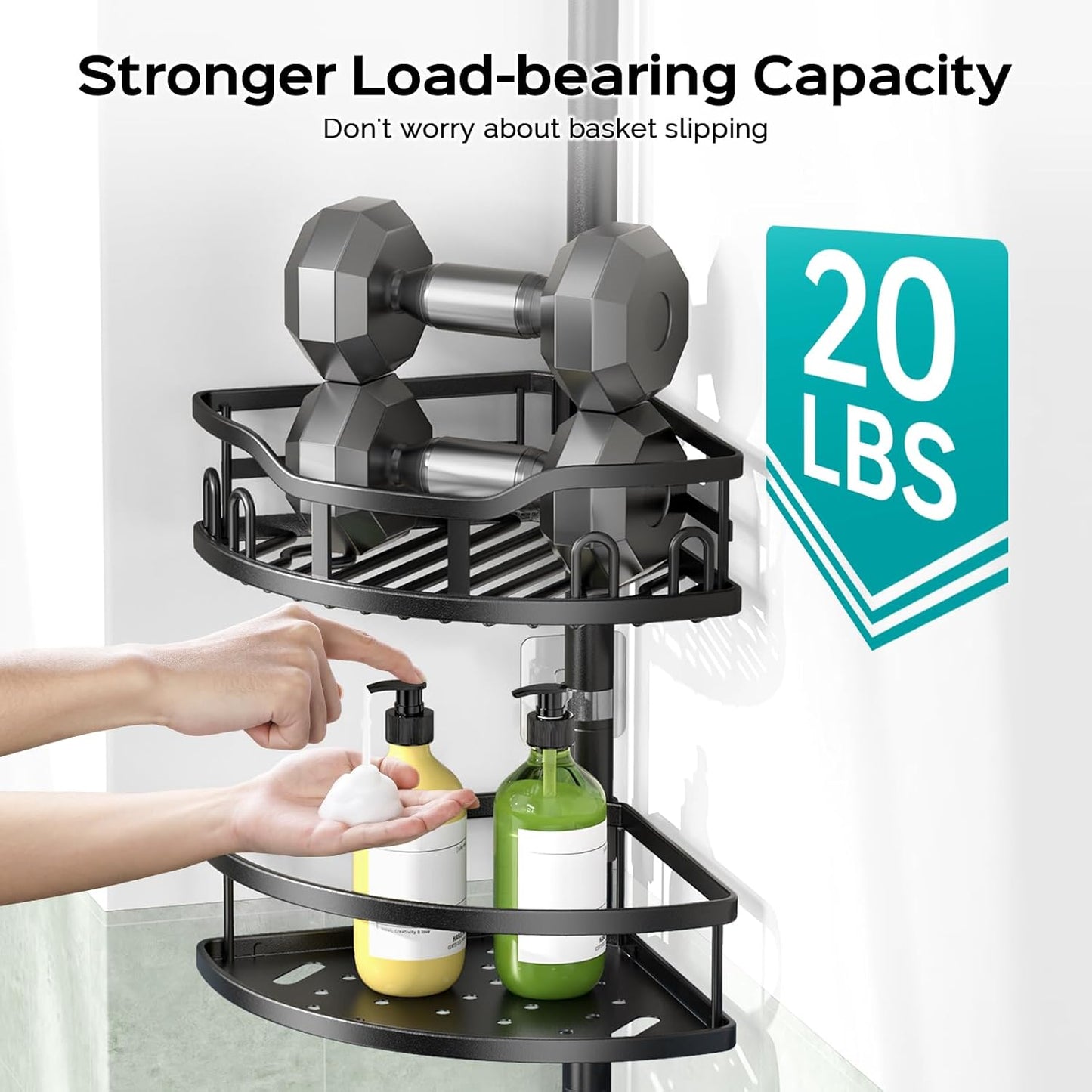 HAMITOR Corner Shower Caddy Tension Pole: Rustproof 4-Tier Bathroom Organizer Shelves for Bathtub Shampoo Storage - 47-121 Inch Quick Install Adjustable Rod Standing Rack with Soap Rack - Silver Gray