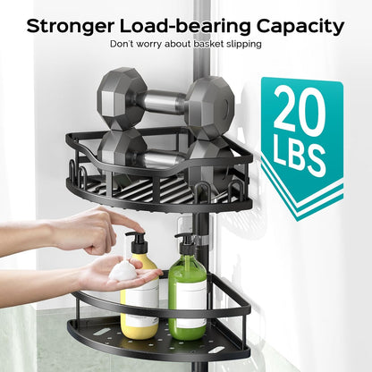 HAMITOR Corner Shower Caddy Tension Pole: Rustproof 4-Tier Bathroom Organizer Shelves for Bathtub Shampoo Storage - 47-121 Inch Quick Install Adjustable Rod Standing Rack with Soap Rack - Silver Gray