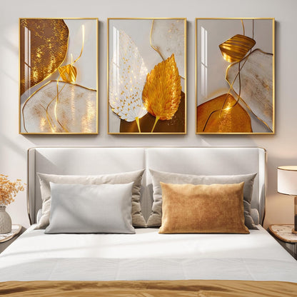 Framed Modern Luxury Gold Wall Art, Set of 3 Piece Contemporary Paintings Artwork for Walls, Golden Prints Pictures with Gold Frame, Wall Decor for Living Room, Hallway, Bedroom, Office 16x24 Inch