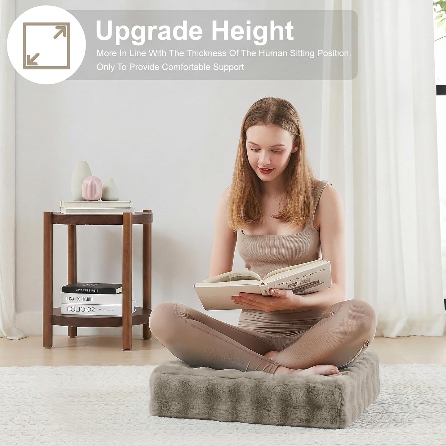 JKMAX 2 Pcs High Density Foam Floor Pillow - Upgraded Large Pillows Seating for Adults - Outdoor Floor Cushion with Soft Tufted Cover - Yoga Pillows for Sitting On Floor - 22 Inch Light Gray