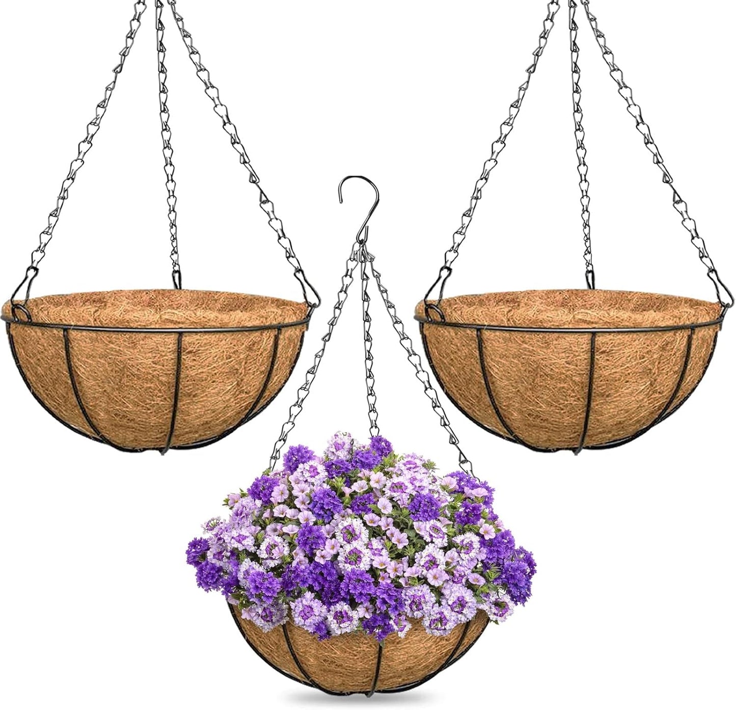 ZeeDix 2 Pack 14 Inch Hanging Baskets for Plants Outdoor, Metal Wire Round Planters with Coco Liner, Hanging Flower Baskets for Home Garden Porch Balcony Railings Decor