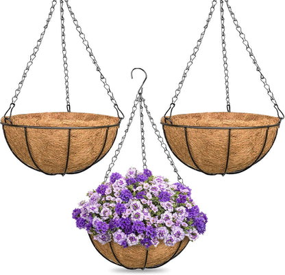 ZeeDix 2 Pack 14 Inch Hanging Baskets for Plants Outdoor, Metal Wire Round Planters with Coco Liner, Hanging Flower Baskets for Home Garden Porch Balcony Railings Decor
