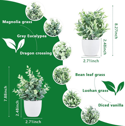 4pcs Fake Small Plants, Artificial Greenery Potted Plant for Home Office Decor, Small Faux Gray Grass Eucalyptus for Bathroom Plants Decoration, Mini Plant Potted Table Shelf Decoration