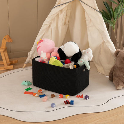 OIAHOMY 75L Large Woven Cotton Rope Storage Basket with Handle for Organizing Blanket and Toys for Living Room, Nursery, Brown Variegated 22”x17”x12”
