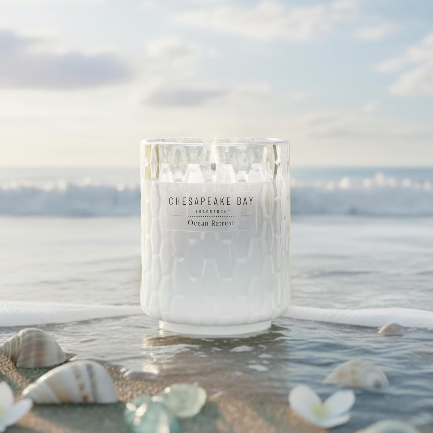 Chesapeake Bay, 11oz Marine Drift Scented Candle, Mood Evoking Fragrance, Textured Sea Glass-Inspired Jar, Premium Soy Blend Wax with Essential Oils, Coastal Fragrance for Home Décor or Gifting