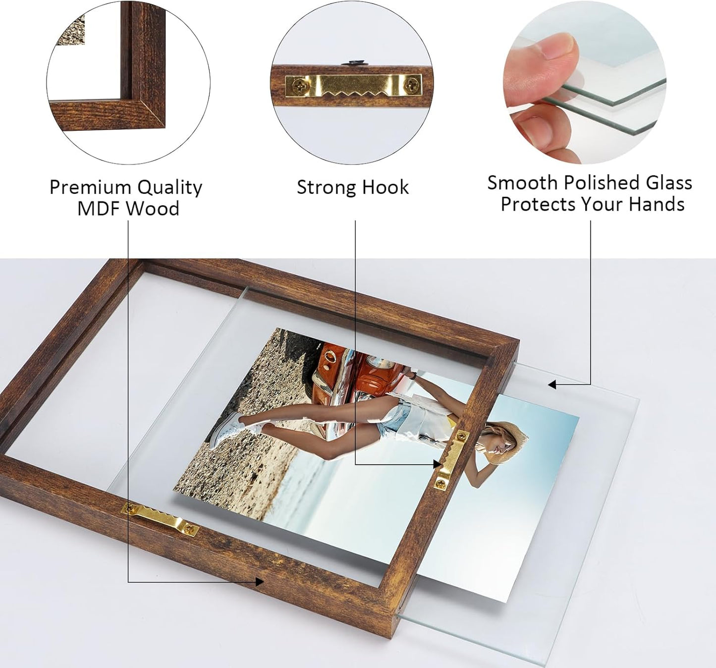 Trwcrt 4x6 Floating Picture Frames Set of 4, Double Glass Photo Frame Display up to 6 x 8 Photos for Desktop or Wall Hanging, Black