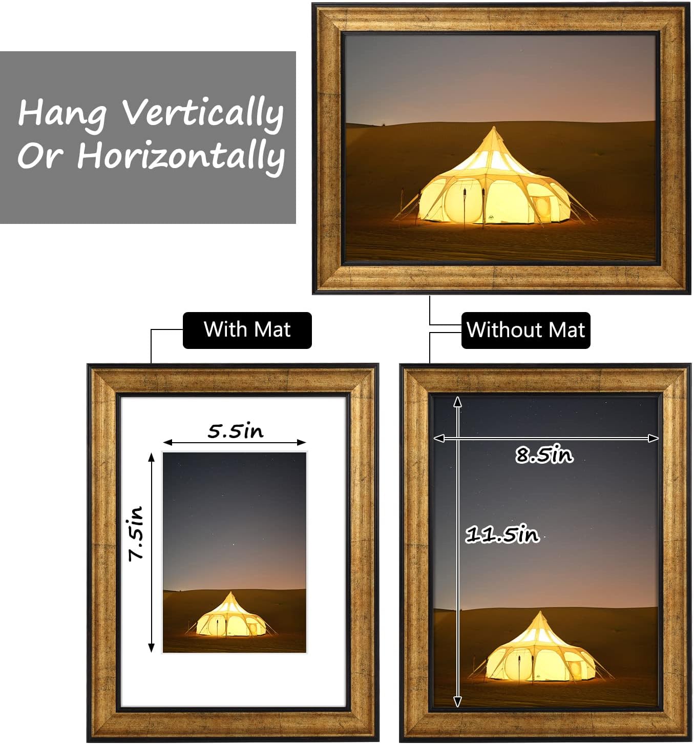 Golden State Art, 11x14 Photo Frame with Mat for Pictures 8x10 and Real Glass (Dark Gold Brown & Bronze Pewter Panel with White Color Mat, 1.25 Inch Frame Border)