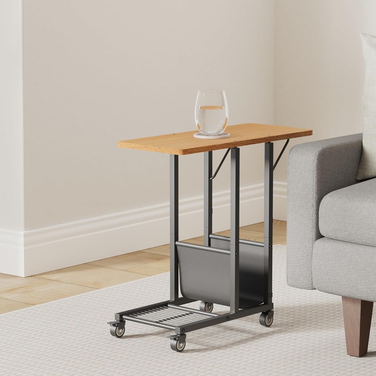Simple Trending C Shaped End Table, TV Tray for Couch, Small Side Table with Metal Frame, for Living Room Bedroom, Rustic Brown