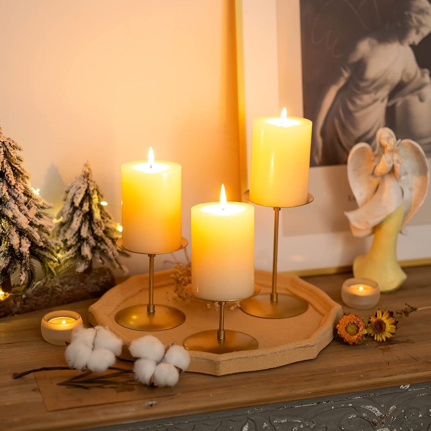 Pillar Candle Holders Candelabra Gold - Set of 12 Bulk Candle Stand Iron Plate Minimalism Modern Home Mantel Dinning Table Decorations Centerpiece for Wedding, Party, Housewarming, Events