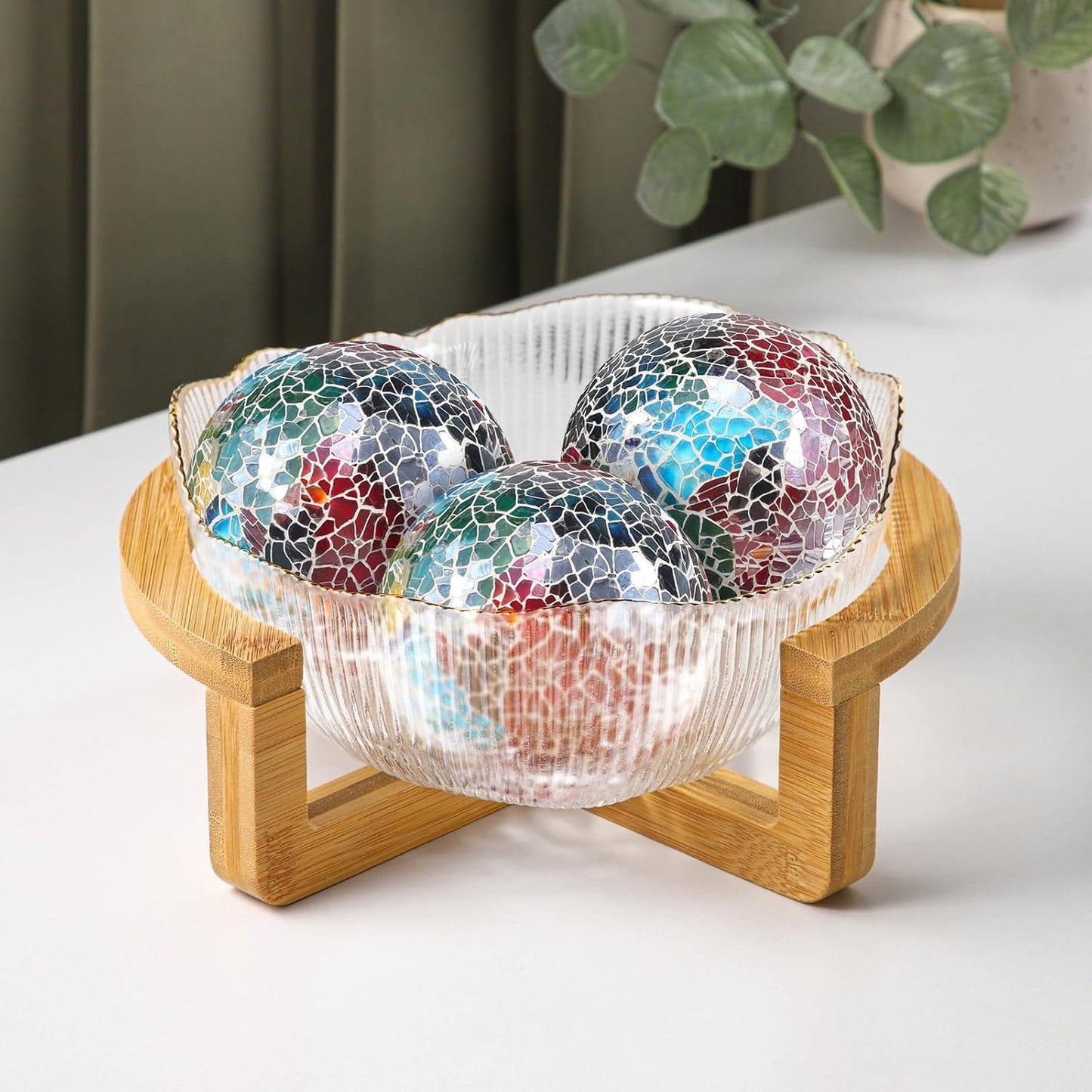 3Pcs Mosaic Glass Orbs Decorative Balls Set 8.5cm/3.35inch Blue Sphere Wedding Party Home Decor Table Centerpiece