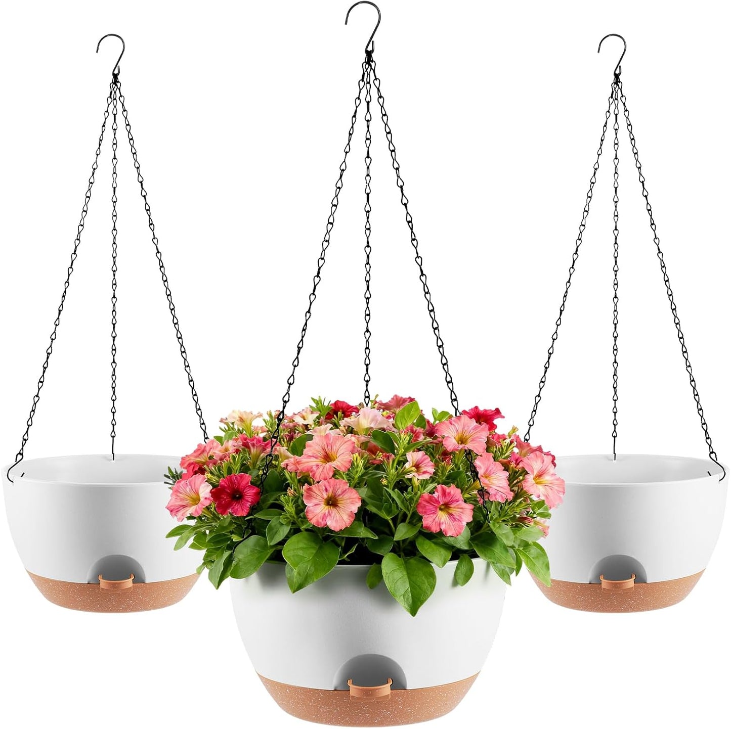 3-Piece Set of 10-Inch Hanging Planters with Automatic Watering System and Drip Tray, Includes Metal Chain, Suitable for Various Indoor and Outdoor Plants and Flowers, Green Brown
