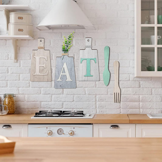 Jetec Cutting Board Eat Sign Set Hanging Art Kitchen Eat Sign Farmhouse Fork and Spoon Wall Decor Rustic Primitive Country Kitchen Decor for Home over Cabinet Decoration(White, Grey, Dark Brown)