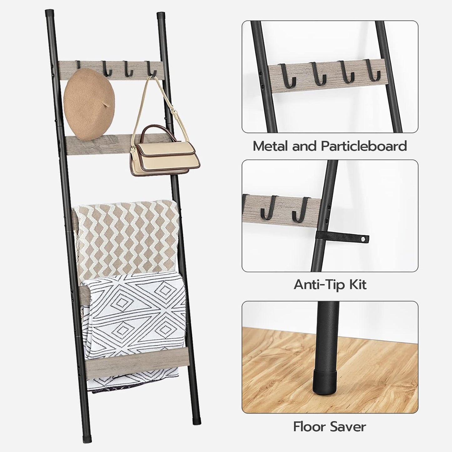 HOOBRO Blanket Ladder, 5-Tier Towel Rack with Hooks, Wall-Leaning Blanket Rack, Decorative Display Ladder Shelf, for Scarves, Industrial, Living Room, Bedroom, Rustic Brown and Black BF52CJ01