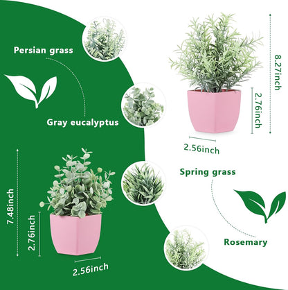 4pcs Fake Small Plants, Artificial Greenery Potted Plant for Home Office Decor, Small Faux Gray Grass Eucalyptus for Bathroom Plants Decoration, Mini Plant Potted Table Shelf Decoration