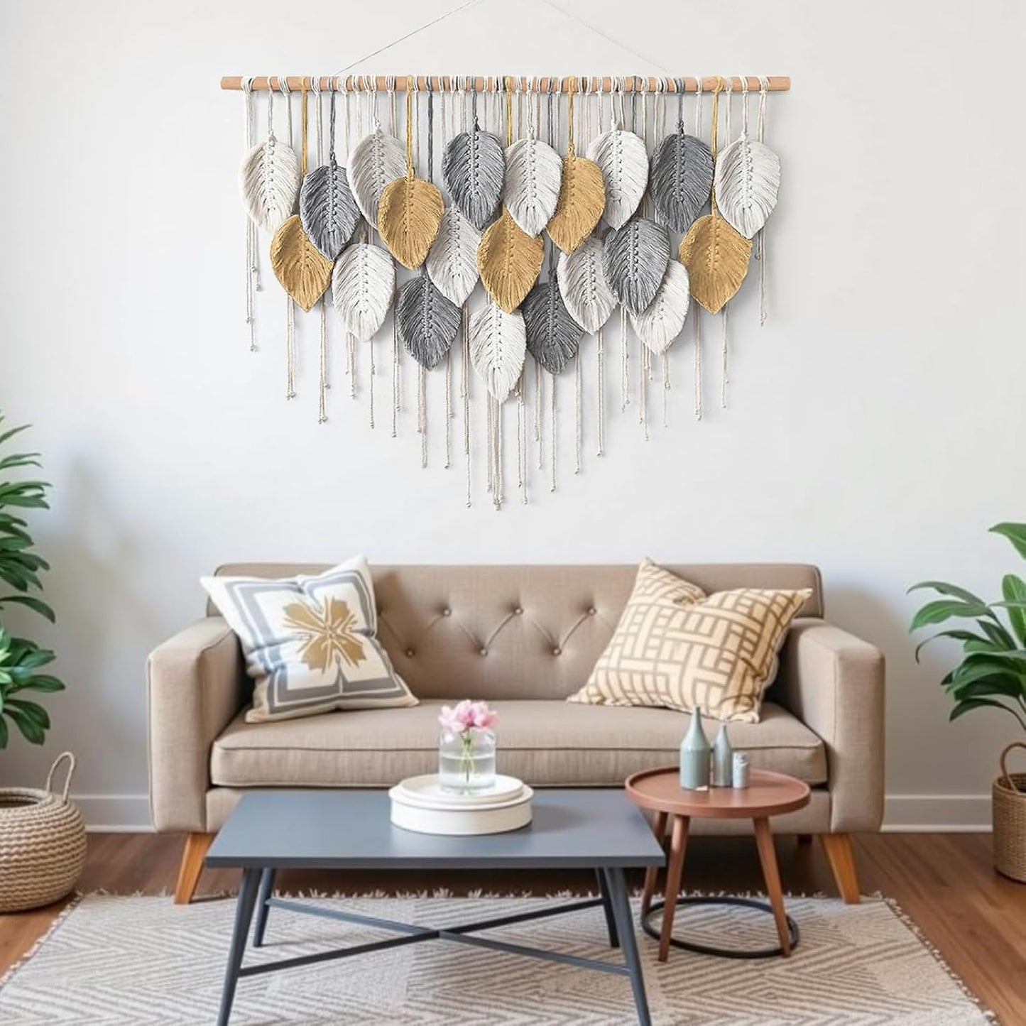 KHOYIME Large Macrame Wall Hanging Boho Woven Tapestry, Chic Home Decor Modern Bohemian Handmade Leaf Feather Wall Art Decorations for Apartment Dorm Living Room Bedroom Nursery Backdrop 39"W X 29.5"L