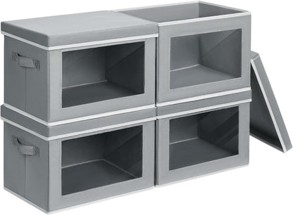 Homsorout Storage Bins with Lids - Fabric Closet Storage Bins with Window, Collapsible Baskets for Shelves 4 Pack, Home Decorative Boxes for Clothes, Closet, Office, Grey