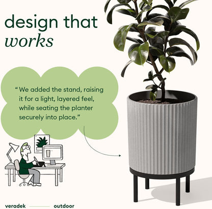 Veradek Demi Series Round Planter w/ Stand for Porch/Patio | Durable Plastic-Concrete & Wooden Stand | Modern Décor for Tall Plants, Flowers
